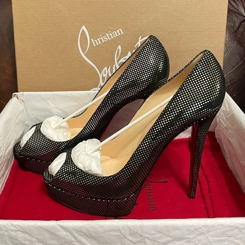 Christian Louboutin Lady Peep plaid polka glitter pump 140mm 1” platform EU38.5